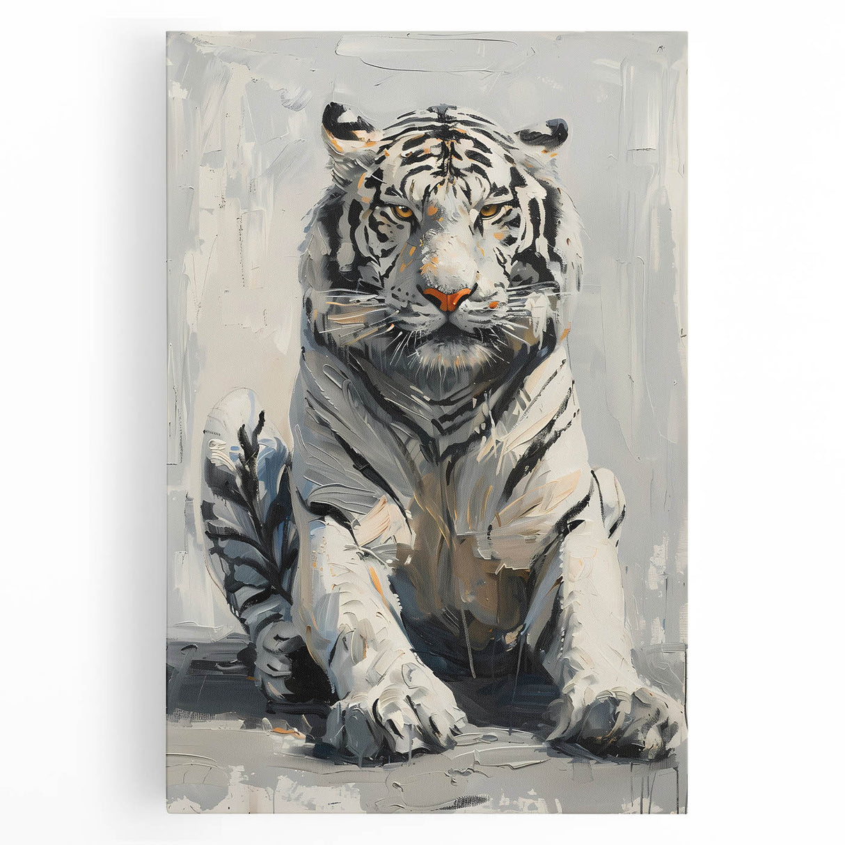 Vibrant stretched canvas wall art featuring a majestic tiger design, showcasing intricate details and rich colors, perfect for wildlife enthusiasts and home decor.