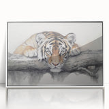 Framed acrylic wall art featuring a striking tiger design, showcasing vibrant colors and intricate details, perfect for animal lovers and home decor enthusiasts.