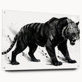 Close-up of a vibrant acrylic wall art piece featuring a majestic tiger design, showcasing intricate details and colors, displayed with pins against a sleek backdrop.
