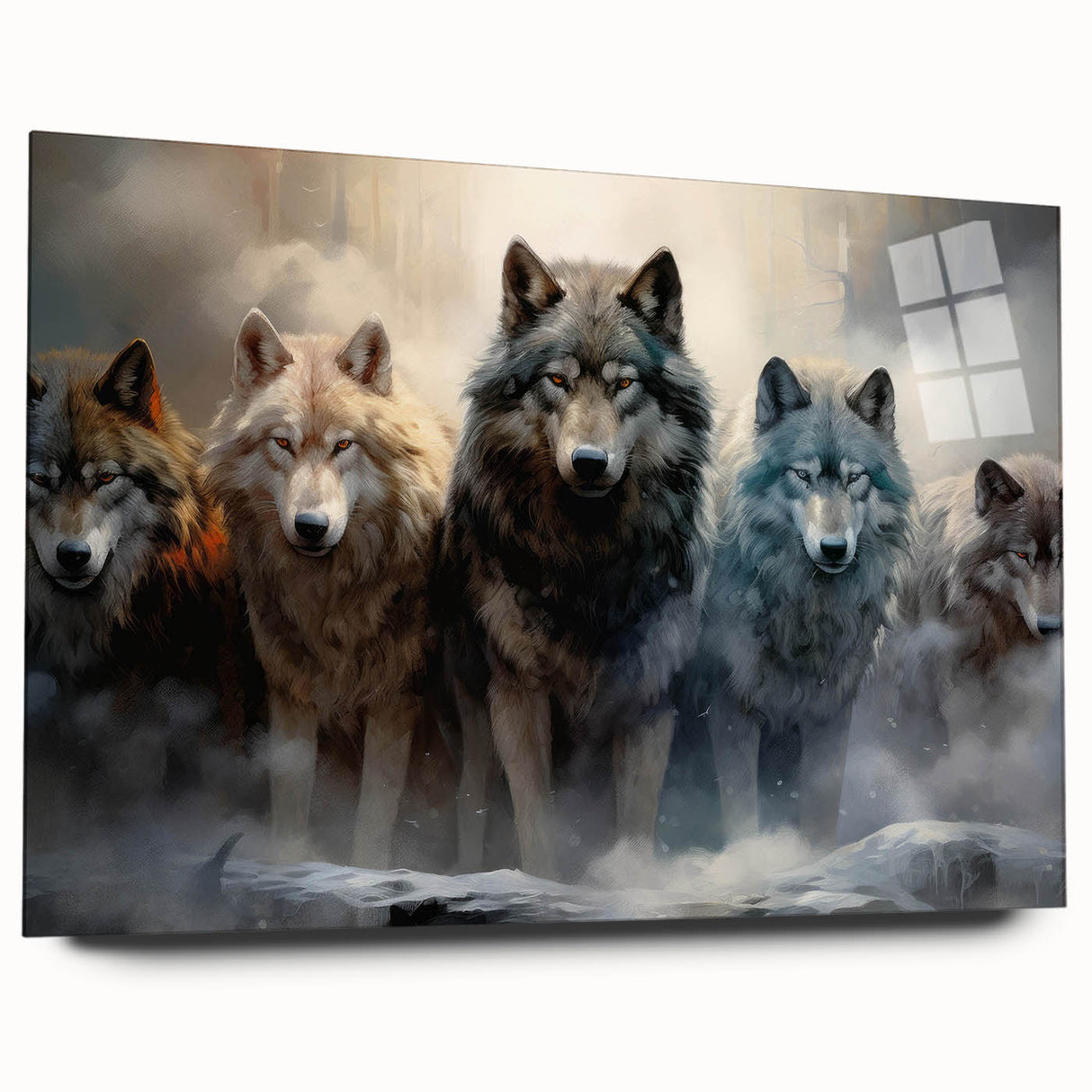Acrylic glass wall art displaying a striking side view of a wolf design, showcasing intricate details and vibrant colors, perfect for wildlife enthusiasts and modern decor.