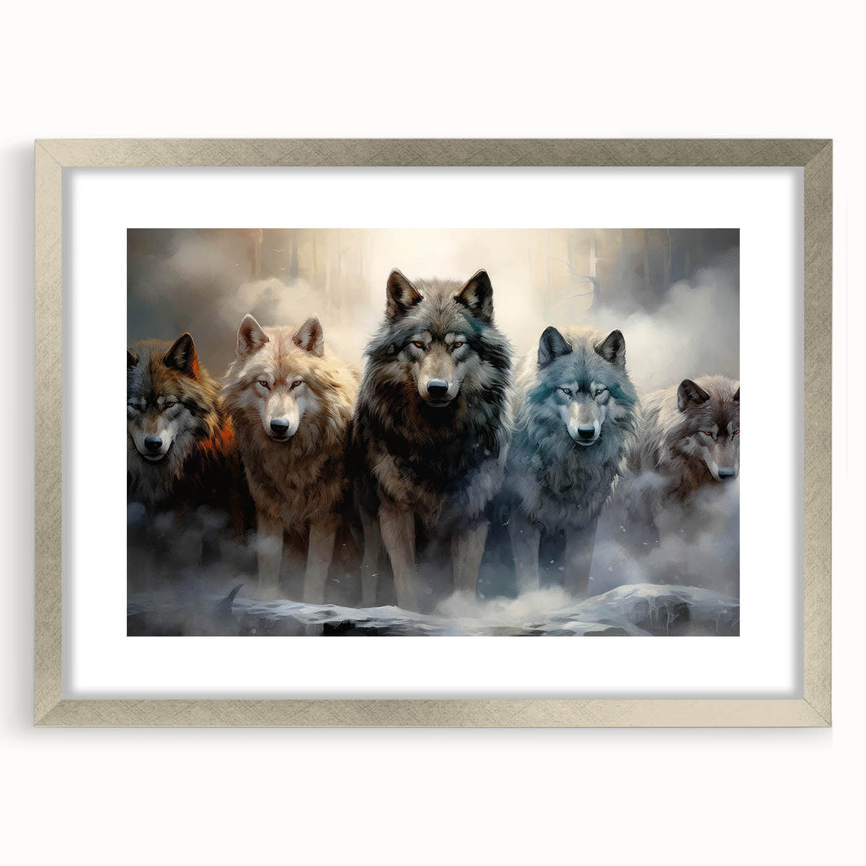 Framed wall art featuring a stunning wolf design in a silver frame, showcasing intricate details and vibrant colors, perfect for wildlife enthusiasts and home decor.