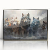 Framed wall art featuring a striking wolf design in a silver acrylic frame, showcasing a detailed depiction of a wolf in a natural setting, perfect for wildlife enthusiasts.