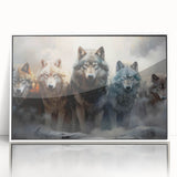 Framed wall art displaying a striking wolf design in a wild-life theme, featuring a white frame and acrylic front, perfect for animal lovers and home decor enthusiasts.