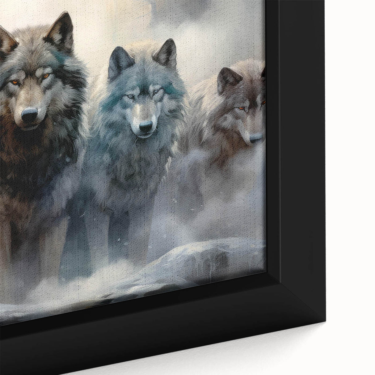 Close-up of a framed canvas art piece depicting a majestic wolf in a wild setting, showcasing detailed fur textures and vibrant colors, ideal for nature-themed decor.