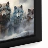 Close-up of a framed canvas art piece depicting a majestic wolf in a wild setting, showcasing detailed fur textures and vibrant colors, ideal for nature-themed decor.
