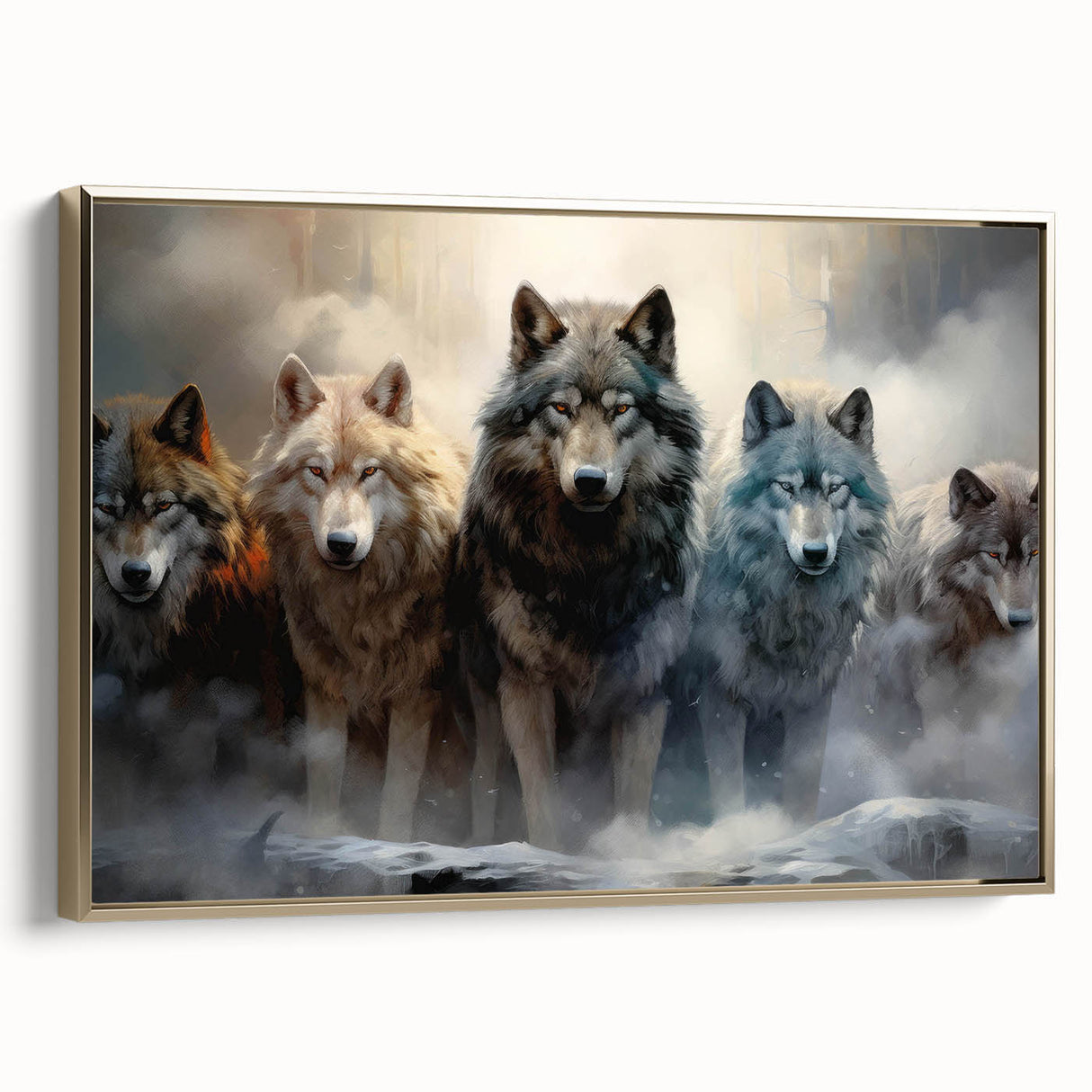Framed canvas wall art featuring a striking wolf design in a gold frame, showcasing detailed textures and vibrant colors, ideal for wildlife enthusiasts and home decor.