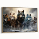Framed canvas wall art featuring a striking wolf design in a gold frame, showcasing detailed textures and vibrant colors, ideal for wildlife enthusiasts and home decor.