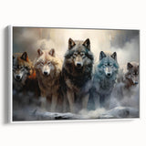 Framed canvas wall art featuring a striking wolf design in a wild landscape, showcasing detailed fur texture and vibrant colors, perfect for nature lovers' decor.