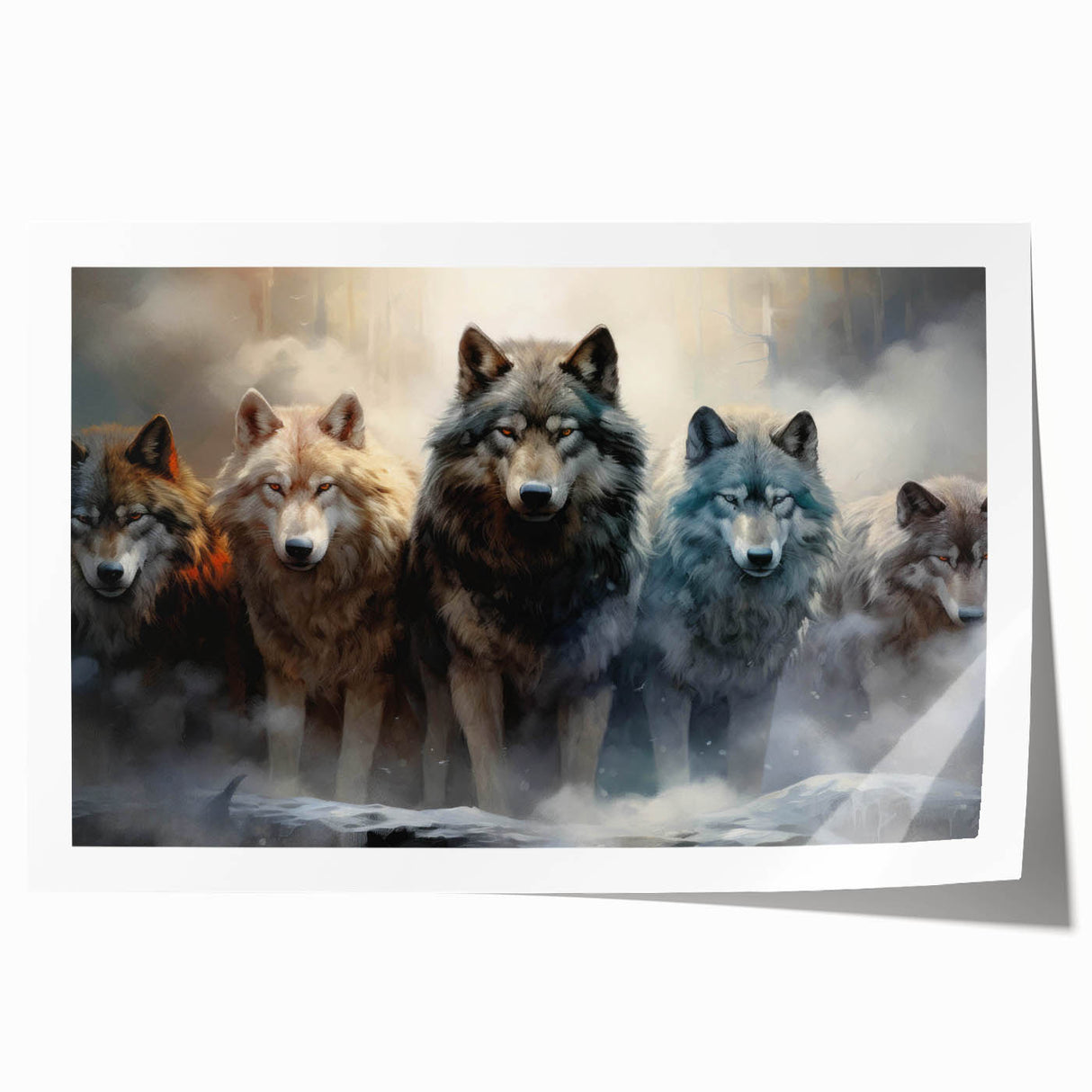 Wolf-themed wall art print showcasing a striking black and white design of a majestic wolf in a forest setting, ideal for wildlife enthusiasts and home decor.
