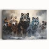 Stretched canvas wall art featuring a striking wolf design in a vibrant color palette, showcasing the animal's fierce gaze against a natural backdrop, perfect for wildlife enthusiasts.