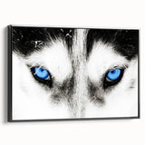 Framed canvas wall art featuring a striking wolf design in a black frame, showcasing intricate details and a dynamic side view, ideal for wildlife enthusiasts.