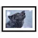 Black-framed wall art featuring a striking wolf design, showcasing intricate details and vivid colors against a neutral mat background, perfect for wildlife enthusiasts.