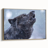 Framed canvas wall art featuring a majestic wolf design in a wild landscape, highlighted by elegant gold accents, perfect for nature enthusiasts and home decor.