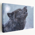 Stretched canvas wall art showcasing a striking wolf design, featuring detailed fur textures and a dynamic side view, perfect for wildlife enthusiasts and home decor.