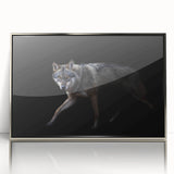 Framed wall art featuring a striking wolf design in acrylic, showcasing intricate details and a silver frame, perfect for wildlife enthusiasts and modern decor.