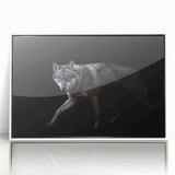 Framed wall art featuring a striking wolf design in black and white, showcasing intricate details on acrylic, perfect for nature enthusiasts and wildlife decor.