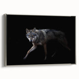 Framed canvas wall art featuring a striking silver wolf design from the 'Animals of the Wild' collection, showcasing intricate details and a modern aesthetic. Perfect for nature lovers and home decor enthusiasts.