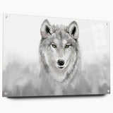 Side view of a wild wolf wall art piece, showcasing a striking acrylic glass design with vibrant colors, securely pinned for display in a modern setting.