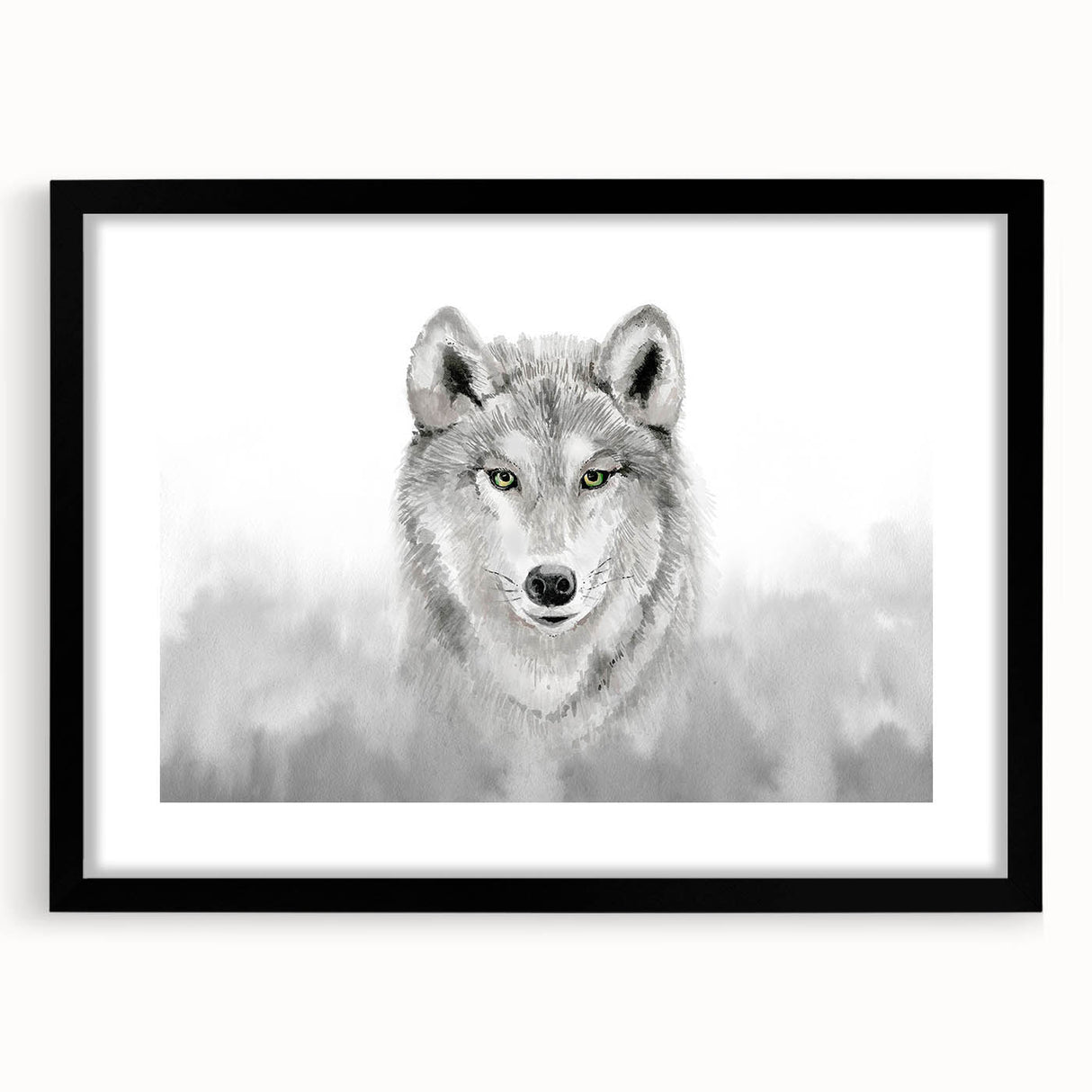Framed wall art showcasing a striking wolf design in black and white, featuring a mat for an elegant finish, perfect for wildlife enthusiasts and home decor.