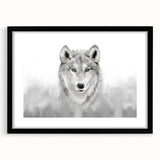 Framed wall art showcasing a striking wolf design in black and white, featuring a mat for an elegant finish, perfect for wildlife enthusiasts and home decor.