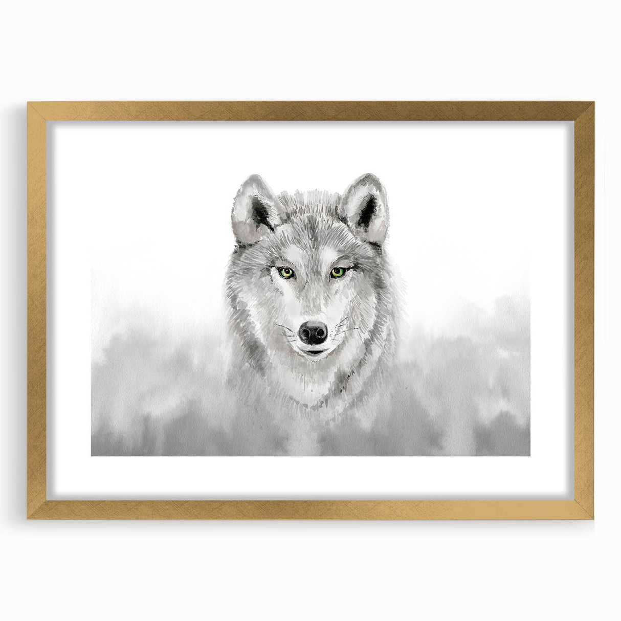 Framed wall art featuring a striking wolf design, showcasing intricate details and a gold frame with a mat, perfect for wildlife enthusiasts and home decor.