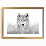 Framed wall art featuring a striking wolf design, showcasing intricate details and a gold frame with a mat, perfect for wildlife enthusiasts and home decor.