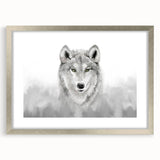 Framed wall art featuring a striking wolf design in a silver frame, showcasing intricate details and a modern mat for an elegant touch, perfect for wildlife enthusiasts.