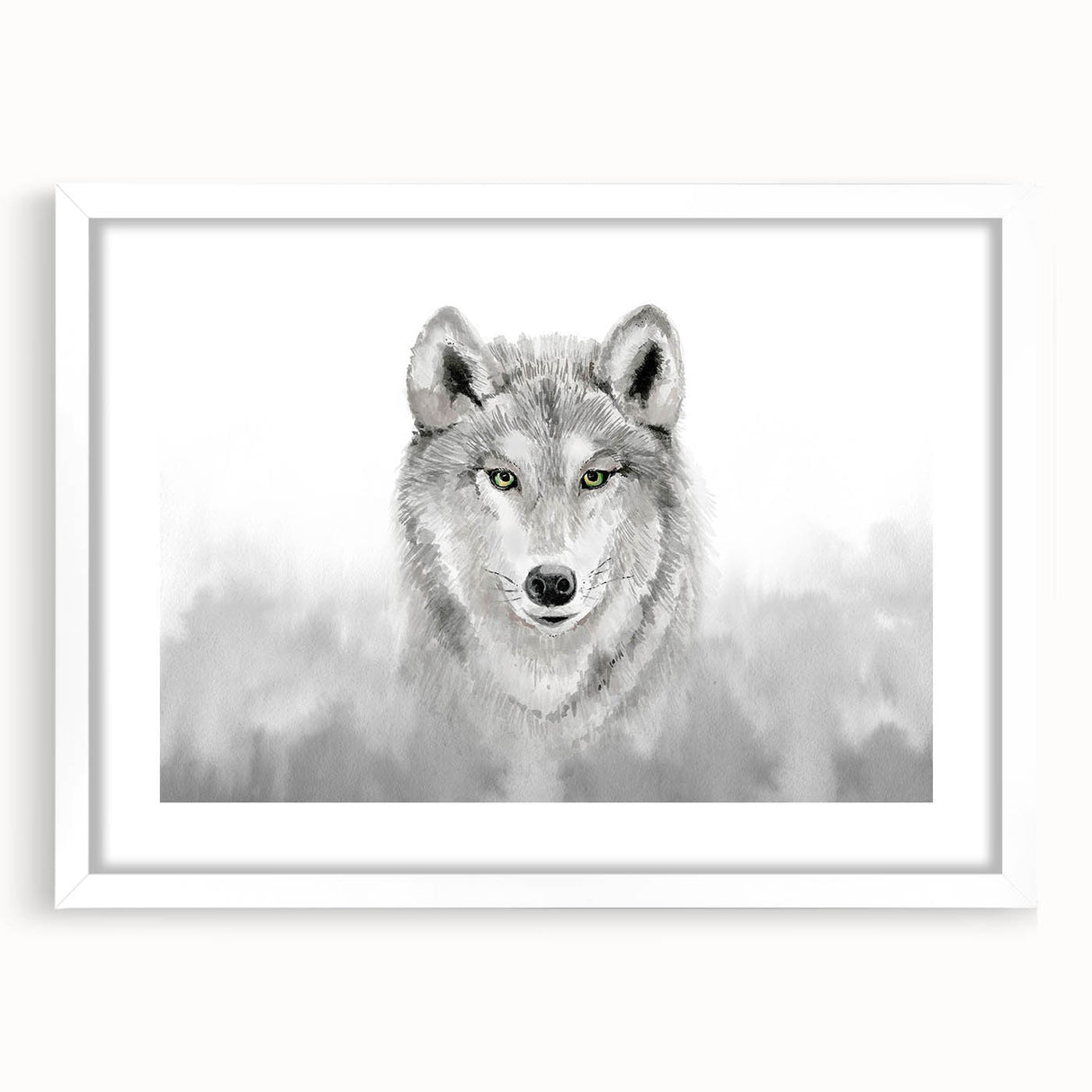 Framed wall art featuring a striking wolf design, showcasing intricate details and vibrant colors, set against a white mat for a modern aesthetic. Ideal for wildlife enthusiasts and home decor.