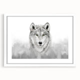 Framed wall art featuring a striking wolf design, showcasing intricate details and vibrant colors, set against a white mat for a modern aesthetic. Ideal for wildlife enthusiasts and home decor.