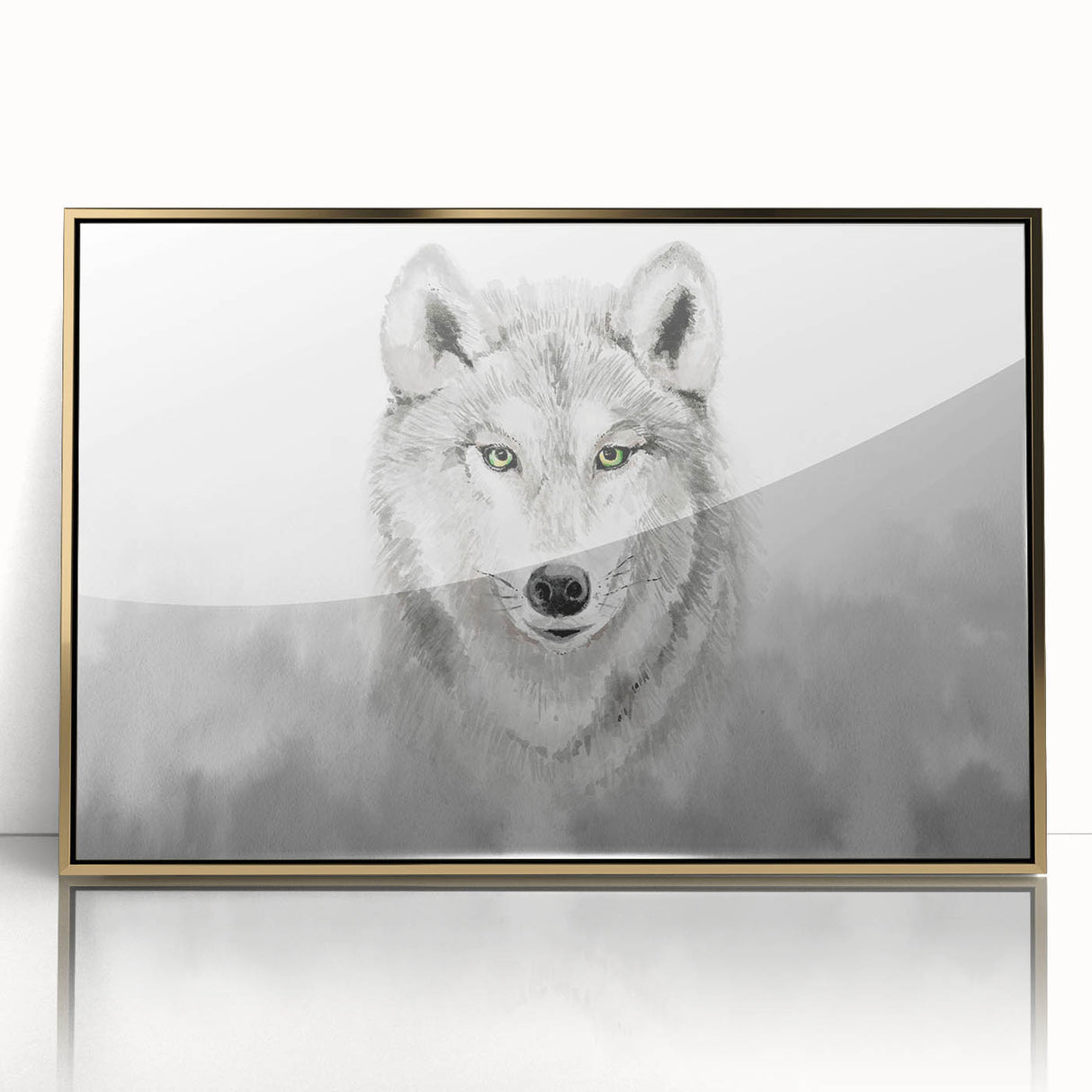 Framed wall art featuring a striking wolf design, set against an elegant gold-acrylic background, perfect for animal lovers and home décor enthusiasts.