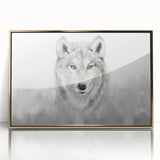 Framed wall art featuring a striking wolf design, set against an elegant gold-acrylic background, perfect for animal lovers and home décor enthusiasts.