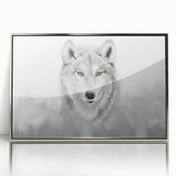 Framed acrylic wall art showcasing a striking silver wolf design, perfect for adding a modern touch to home decor. The artwork features intricate details and vibrant colors that capture the essence of wildlife. Ideal for animal lovers and contemporary spaces.