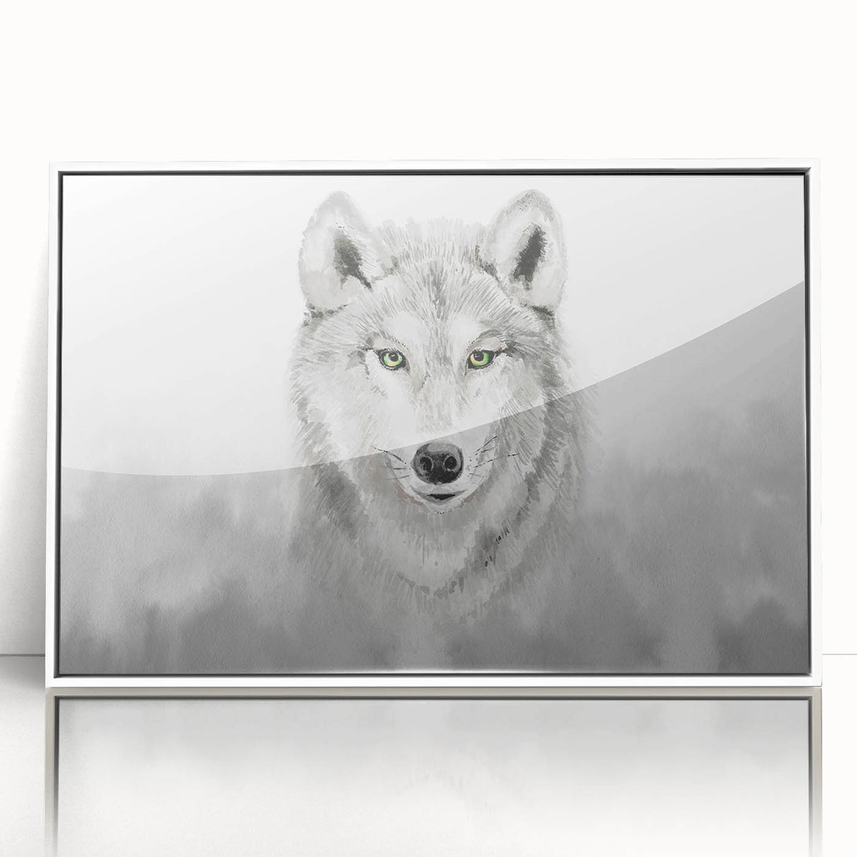 Framed wall art featuring a striking wolf design in a modern acrylic finish, showcasing intricate details and a sleek white frame that enhances any decor.