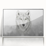 Framed wall art featuring a striking wolf design in a modern acrylic finish, showcasing intricate details and a sleek white frame that enhances any decor.
