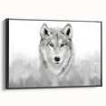 Framed canvas wall art featuring a striking wolf design in black and white, showcasing intricate details and textures, perfect for nature enthusiasts and modern decor.
