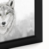 Close-up of a framed canvas wall art featuring a striking wolf design, showcasing intricate details and vivid colors that capture the essence of wildlife.