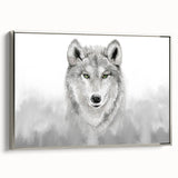 Framed canvas wall art showcasing a striking silver wolf design in a wild life theme, emphasizing intricate details and textures, perfect for animal lovers and home decor.