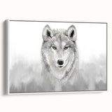 Framed canvas wall art showcasing a striking wolf design in a natural setting, featuring vibrant colors and intricate details, perfect for wildlife enthusiasts and home decor.
