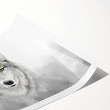 Wolf wall art print showcasing a striking wildlife design, featuring a detailed illustration of a wolf against a vibrant forest backdrop, ideal for nature lovers.