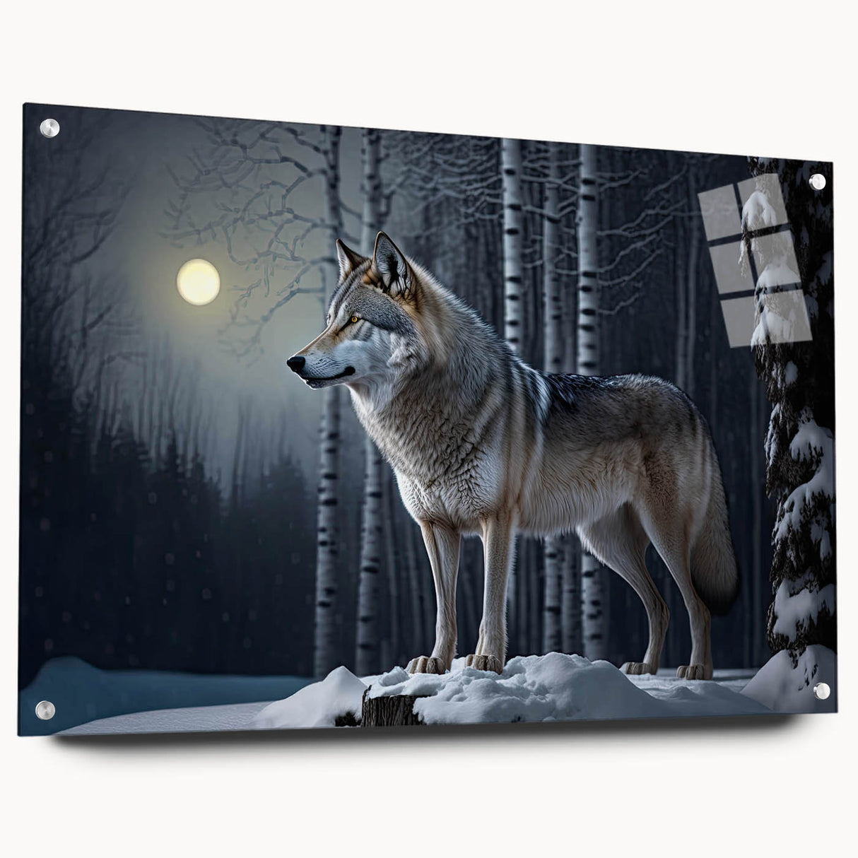 Acrylic wall art featuring a striking side view of a wolf design, showcasing detailed fur textures and vivid colors, elegantly displayed with pins for modern decor.