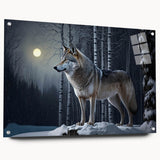 Acrylic wall art featuring a striking side view of a wolf design, showcasing detailed fur textures and vivid colors, elegantly displayed with pins for modern decor.