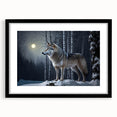 Framed wall art featuring a striking wolf design in a black frame with a mat, showcasing wildlife artistry ideal for nature lovers and home décor enthusiasts.