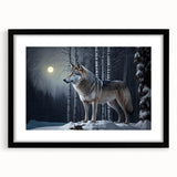 Framed wall art featuring a striking wolf design in a black frame with a mat, showcasing wildlife artistry ideal for nature lovers and home décor enthusiasts.