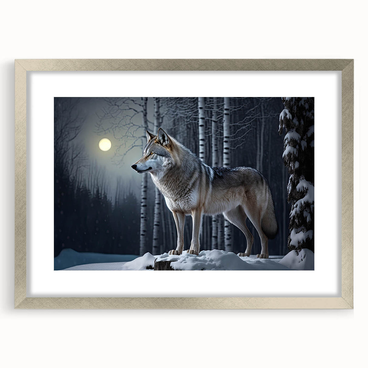 Framed wall art featuring a striking wolf design with intricate details, set in a sleek silver frame. Perfect for nature enthusiasts and home decor.