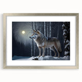 Framed wall art featuring a striking wolf design with intricate details, set in a sleek silver frame. Perfect for nature enthusiasts and home decor.