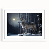 Framed wall art featuring a striking wolf design in a white mat, showcasing intricate details and vivid colors, perfect for nature-themed decor.