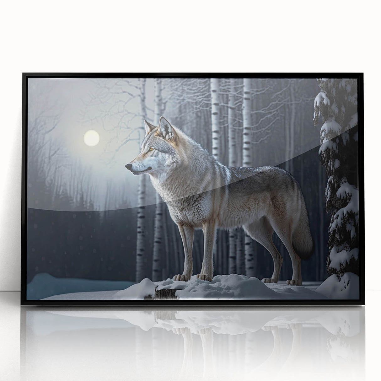 Framed acrylic wall art featuring a striking wolf design in black, showcasing intricate details and textures that highlight the essence of wildlife, perfect for nature enthusiasts.