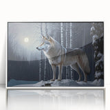 Framed wall art featuring a striking wolf design in a white acrylic frame, showcasing intricate details and vibrant colors, perfect for wildlife enthusiasts and home decor.