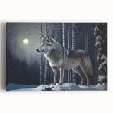Stretched canvas wall art featuring a striking wolf design in a natural setting, showcasing intricate details and vibrant colors, perfect for wildlife enthusiasts.