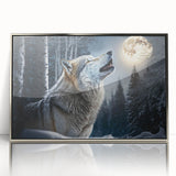 Framed acrylic wall art featuring a striking wolf design in silver, showcasing intricate details and vibrant colors, perfect for wildlife enthusiasts and modern decor.